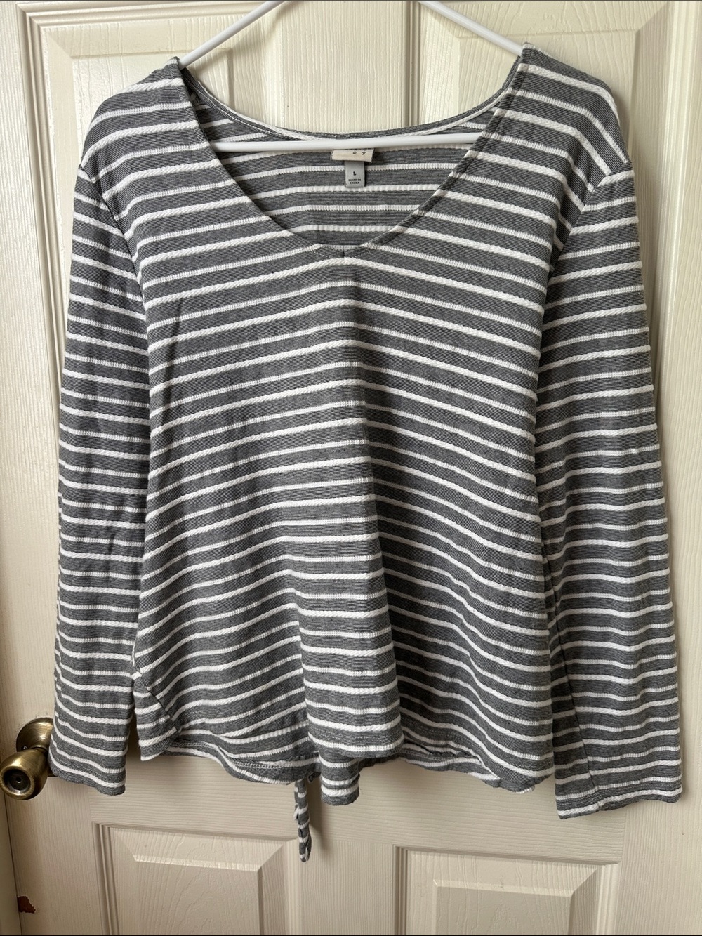 a new day Gray and White Striped V-Neck Drawstring Hem Top